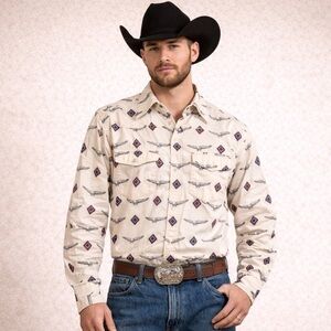 Vintage Wrangler Pearl Snap Eagle Print Western Shirt Size L   Cowboy Rodeo Top
